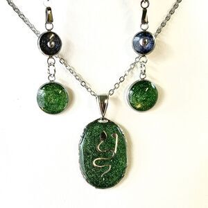 Handmade Green Glitter Snake Resin Necklace & Earring Set | Mystical Jewelry